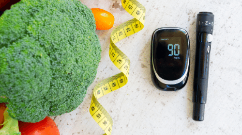 vegetables, measuring tape and blood glucose meter featured