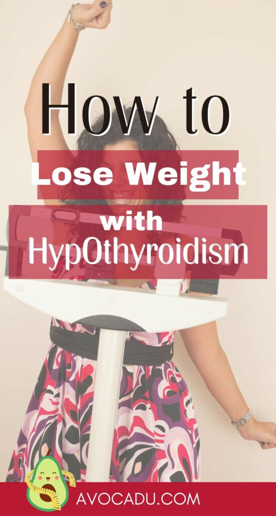 women with hypothyroidism on a scale happy that she lost weight