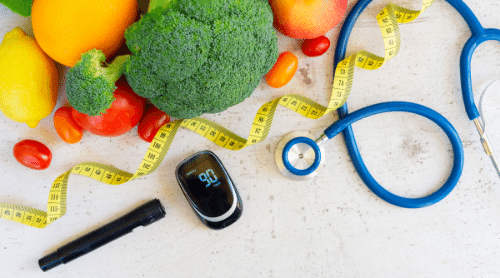 healthy food and blood sugar monitor, weight loss with diabetes featured