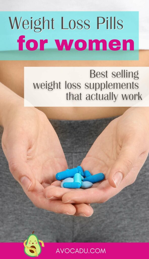 woman holding blue weight loss pills in her hand