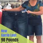 carrie testimonial pin 1, carrie holding oversized jeans