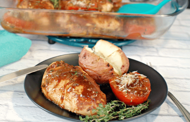 balsamic chicken with roasted tomatoes and a potato
