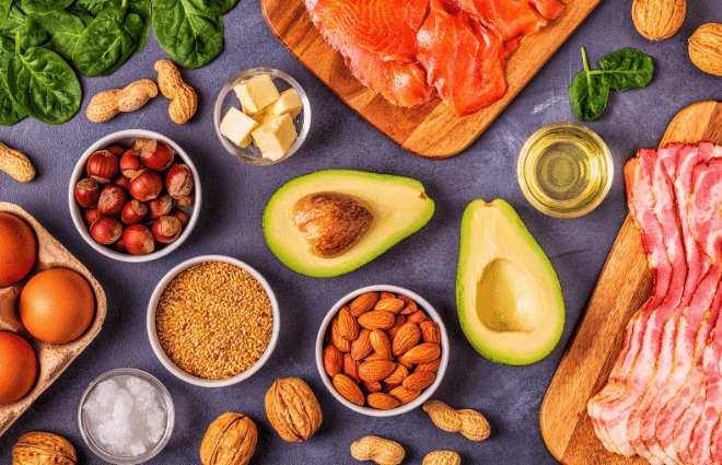 display of foods with healthy fats