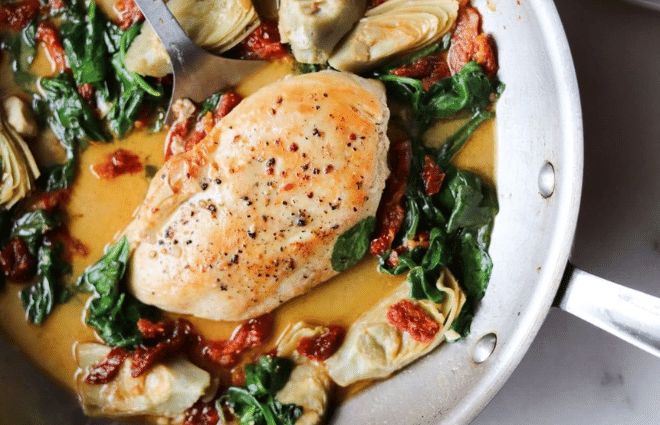 tuscan chicken dinner in pan