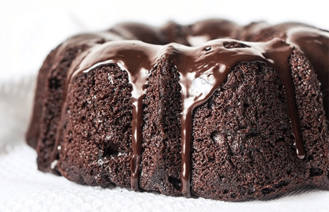 healthy chocolate bundt cake with chocolate icing
