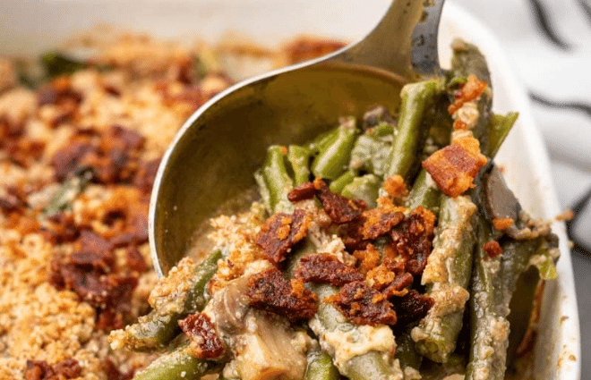 low carb keto green bean casserole being served