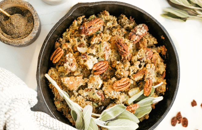 low carb Thanksgiving stuffing in a skillet