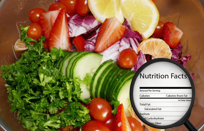 magnifying glass showing nutrition content info for foods, veggies, healthy food