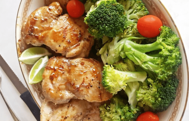 sticky maple lime ginger chicken thighs with veggies