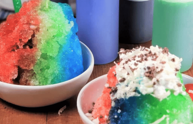 red, green and blue sugar-free shaved ice, one with creamy toppings