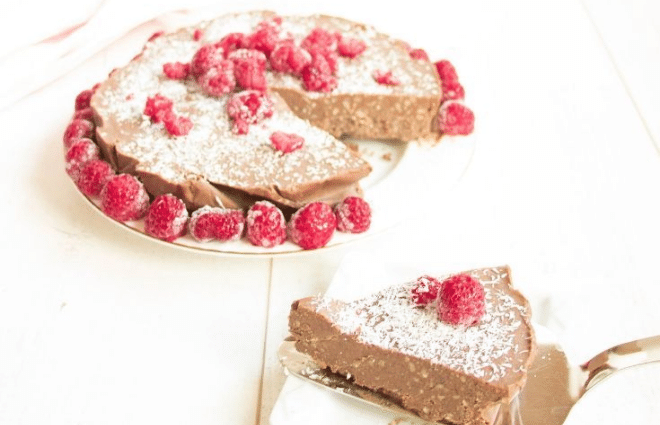 tahini halva cake with raspberries