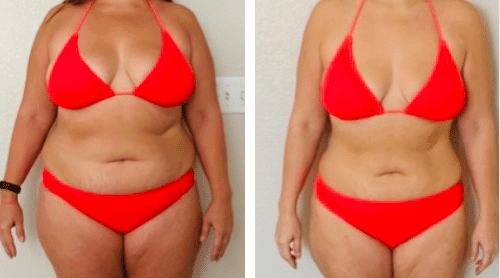 Chrystal before and after orange swimsuit body images