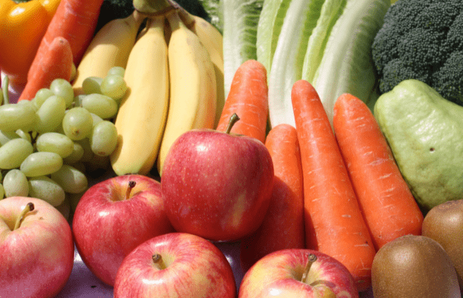 Fruits and Vegetables -Apples, carrots, grapes, bananas, and broccoli