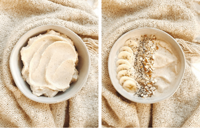 Side by side of smoothie bowl with and without toppings